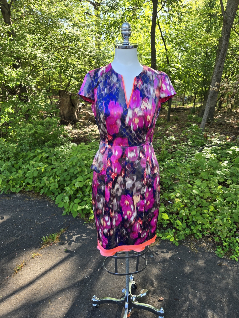 Elie Tahari Pink and Purple Floral Midi Dress with Neon Coral Trim